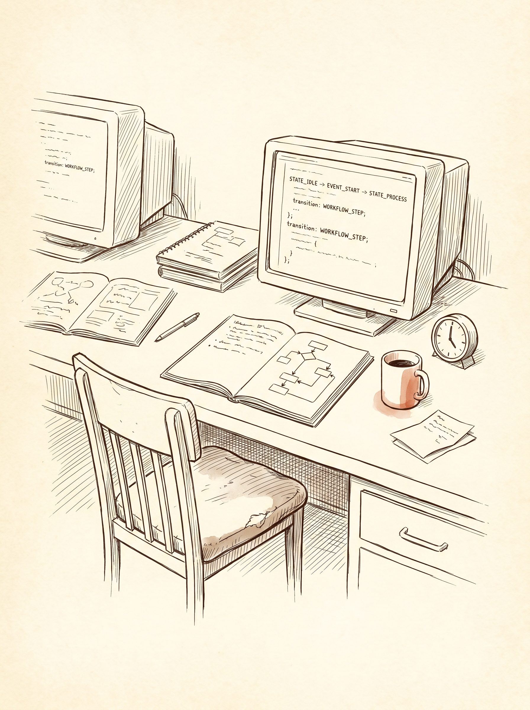 An operator's workbench — multiple monitors showing state machine code, an open notebook with a hand-drawn workflow diagram, a coffee mug, a clock. No figure visible. The brand operator implied through environment.