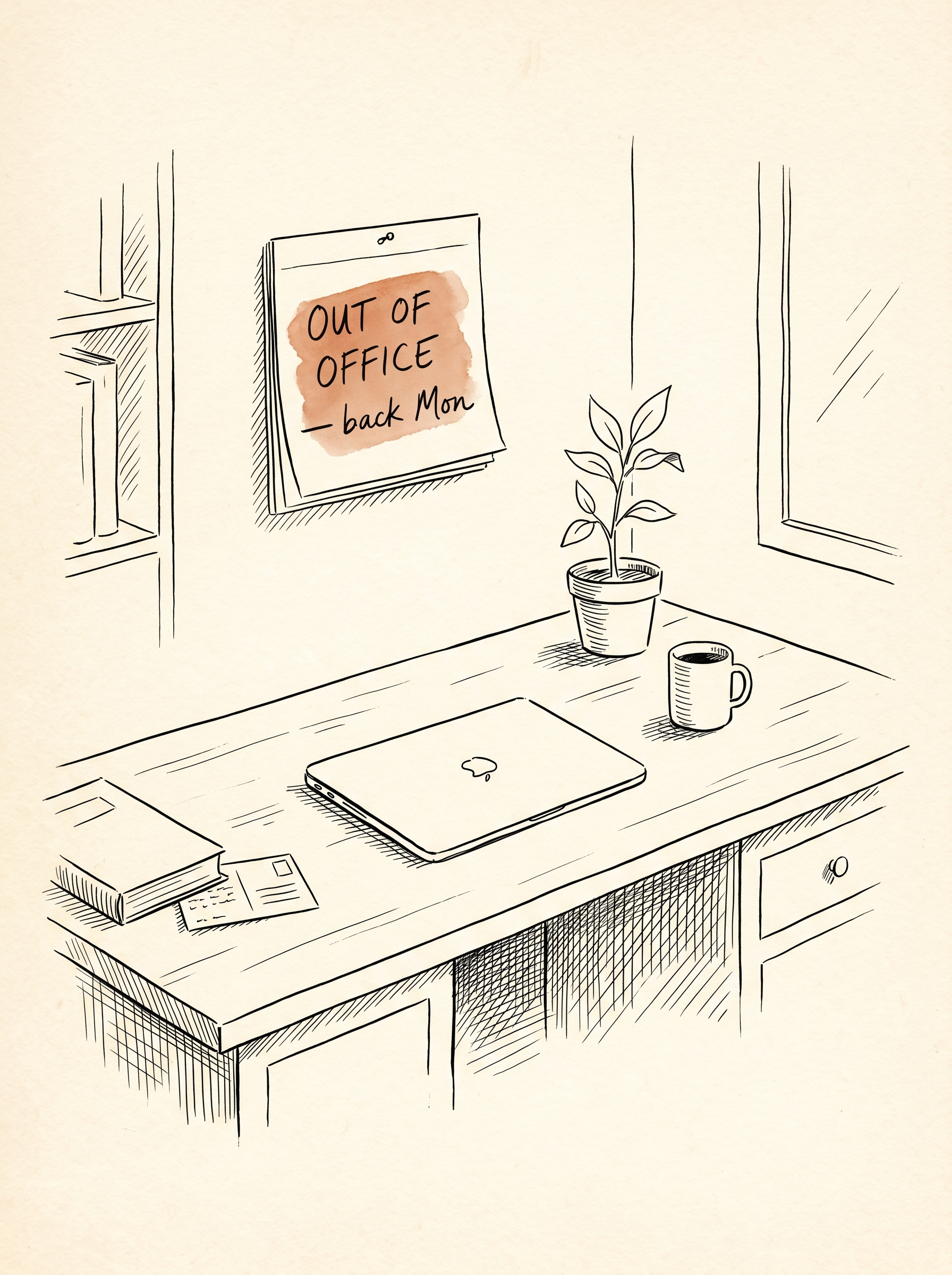 Sarah's empty desk during her vacation. An 'OUT OF OFFICE — back Mon' note, a small plant, a closed laptop. The business continues to run.