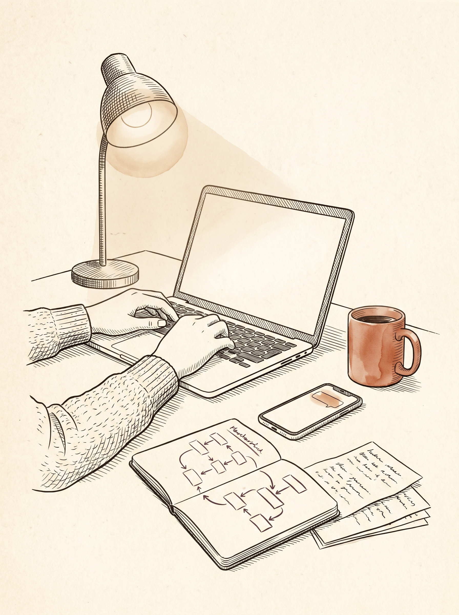 Sarah at her desk — pen-and-ink editorial illustration