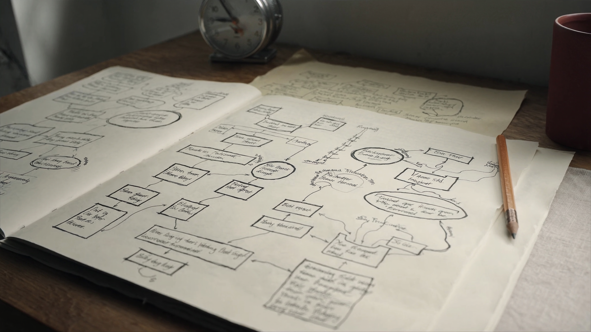 An operator's workbench in soft afternoon window light — open notebook with a hand-drawn workflow diagram, a small carriage clock at back, a terracotta ceramic mug at right.